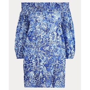 Ralph Lauren Womens Medium Blue White Floral Off Shoulder Tunic Coverup‎ Coastal